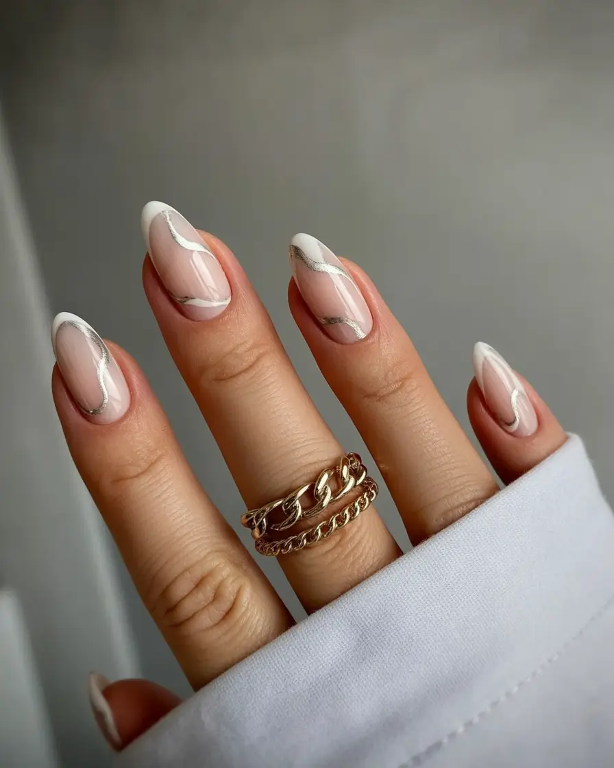 fall almond nails Ivory Wave French with Silver Thread