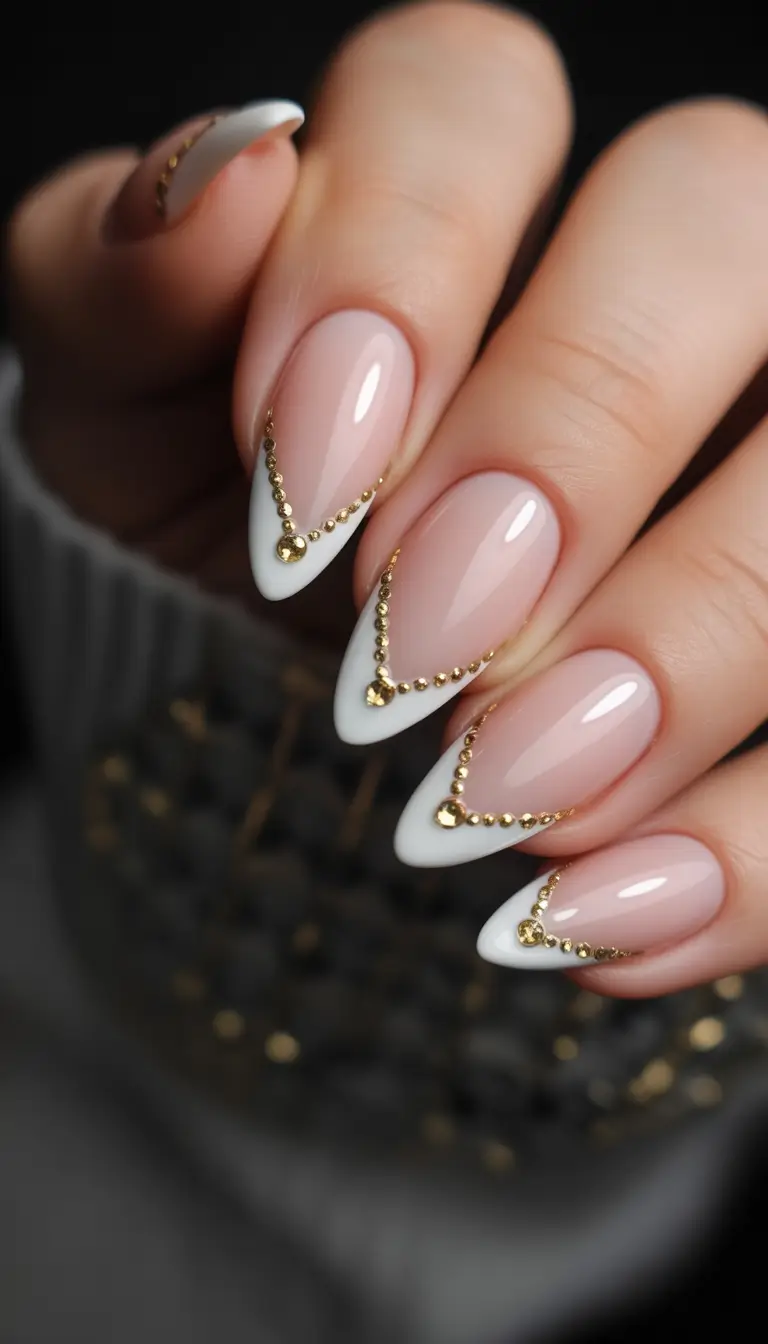 fall almond nails Beaded V-French in Porcelain & Gold