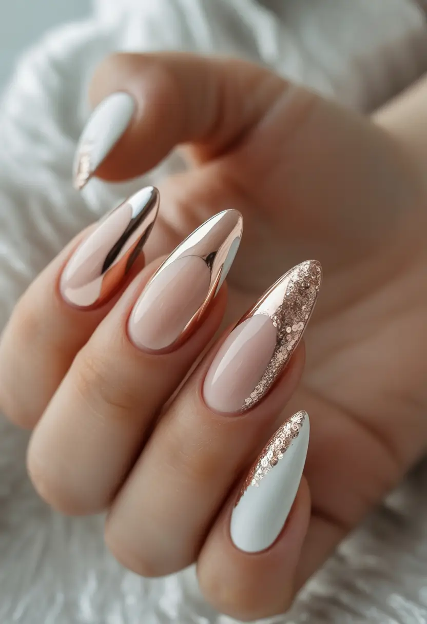 fall almond nails Rose-Gold Chrome & Champagne Glitter Mix