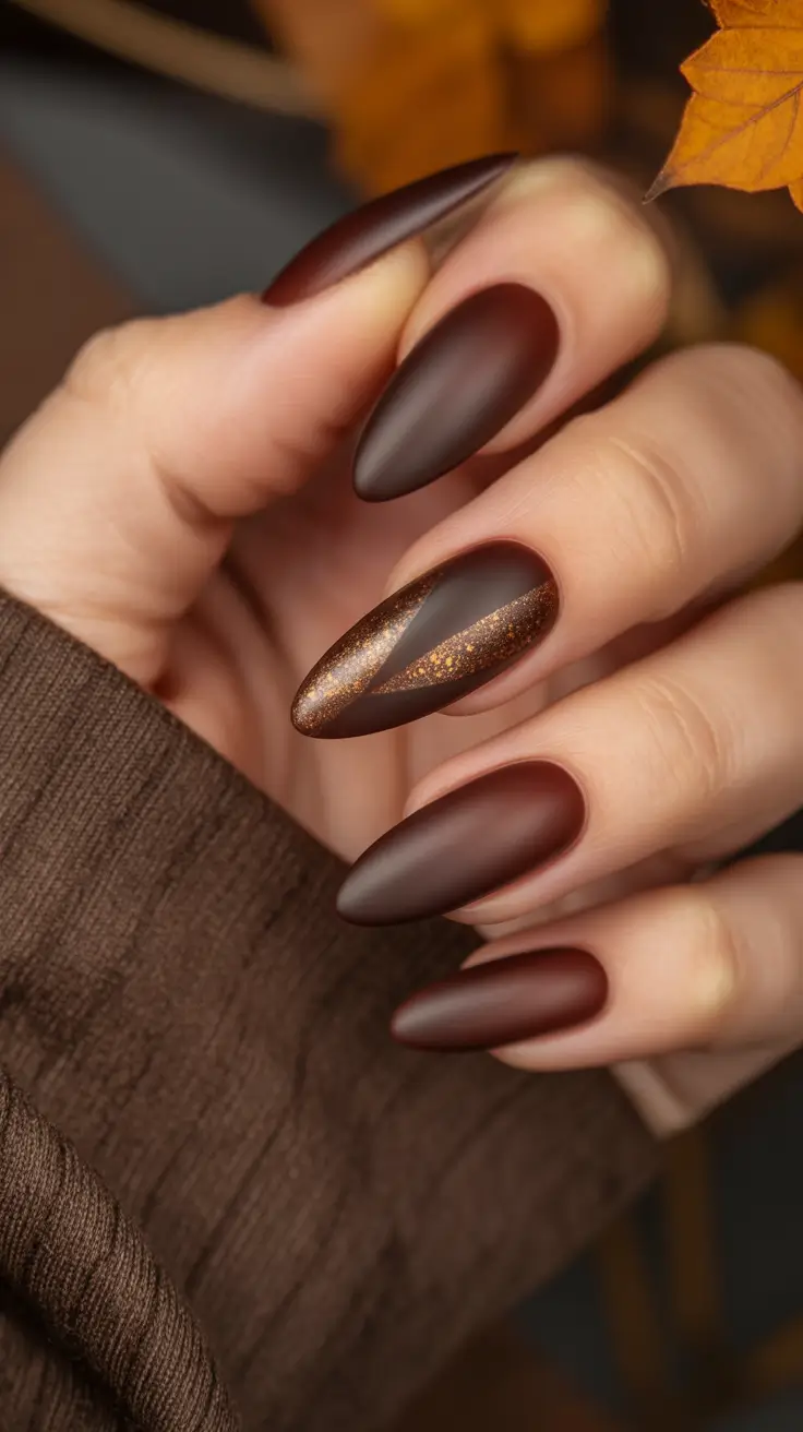 fall almond nails Velvet Cocoa with Molten Bronze Stripe