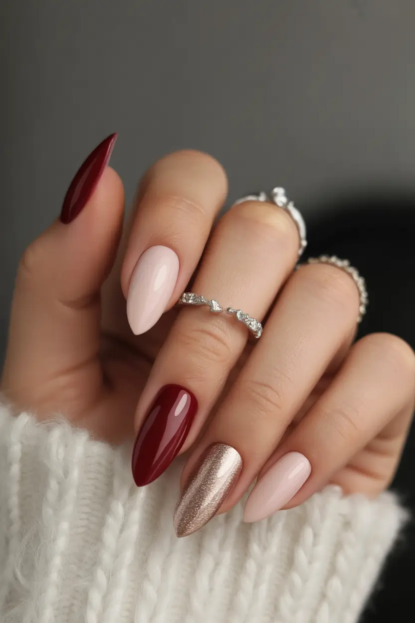 fall almond nails Bordeaux, Blush & Rose-Metal Accent