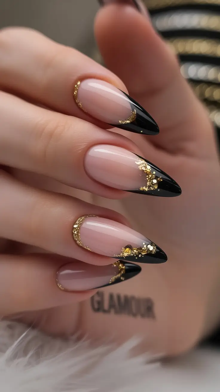 fall almond nails Black Crescent French with Gilded Stardust