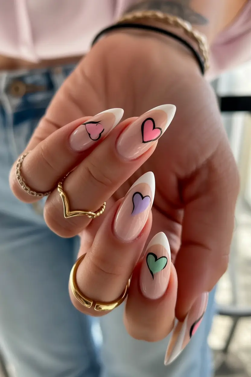 fall almond nails French Hearts Pop—Pastel Outlines on Nude