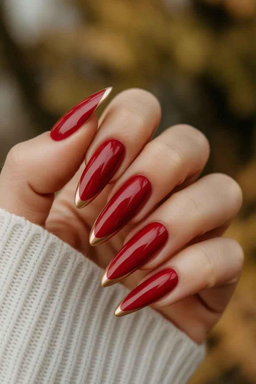 fall almond nails Gilded Micro-French on Crimson Jelly