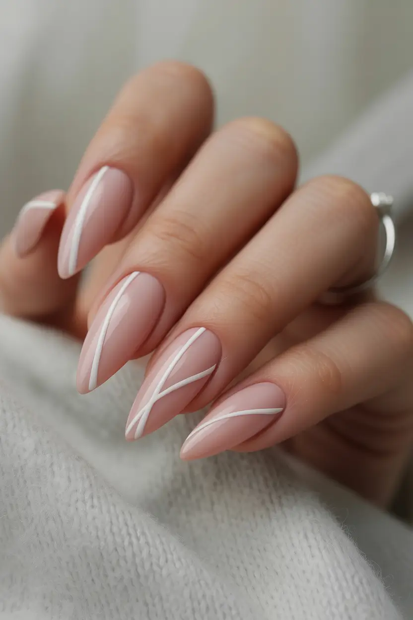 fall almond nails Nude Veil with Whisper-White Lines