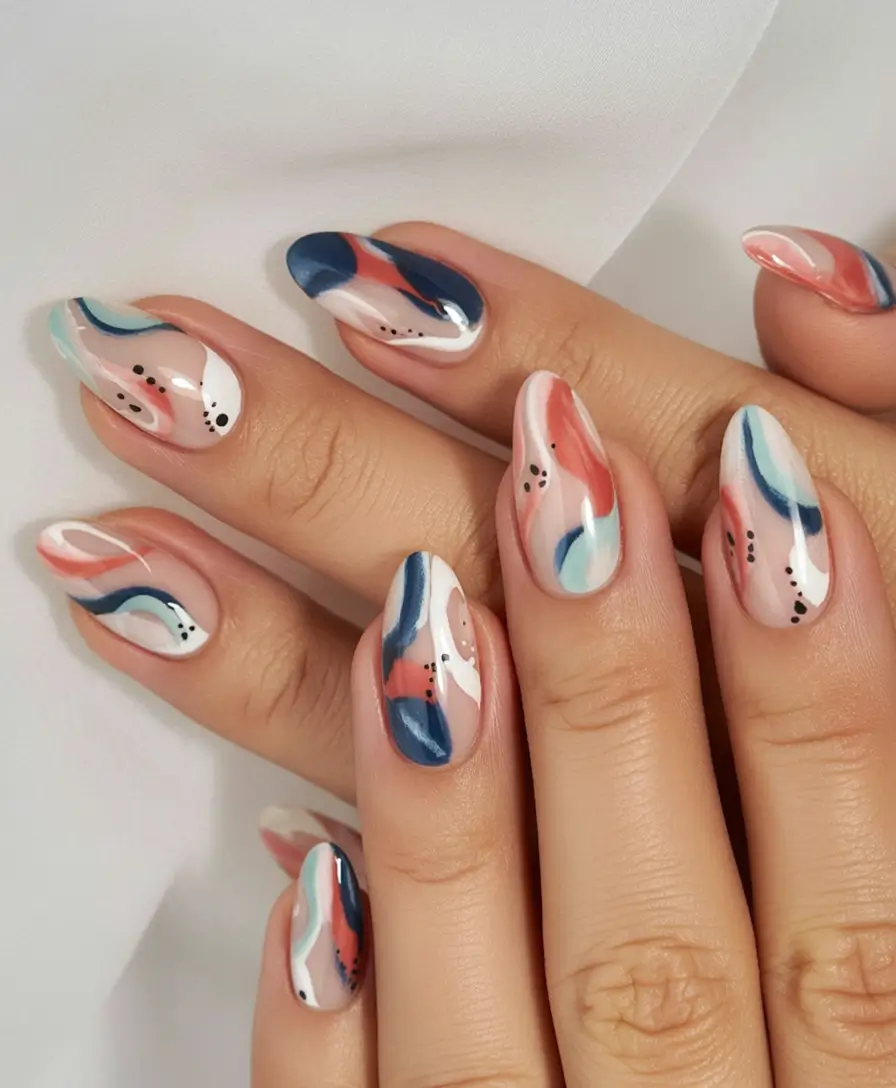 fall almond nails Swirled Coral, Teal & Blue Ribbons