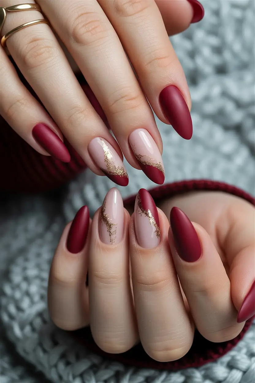 fall almond nails Matte Burgundy with Gilded Crescent