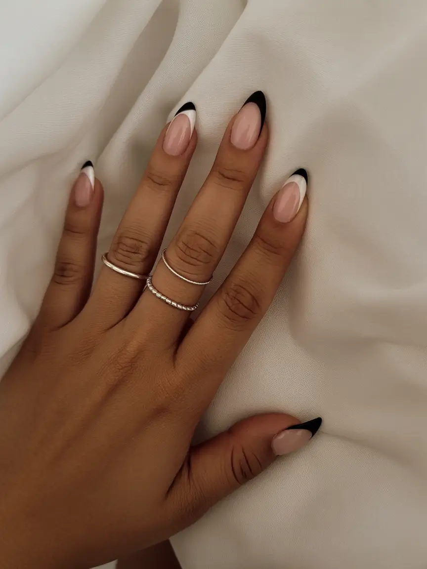 fall almond nails Graphic Black-and-White French for Rich Tones