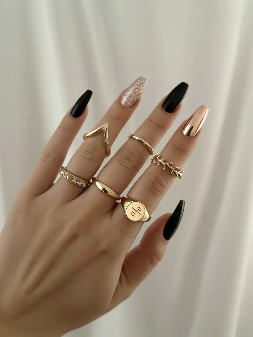 Ballerina Nail Designs Black & Gold Luxe Mix