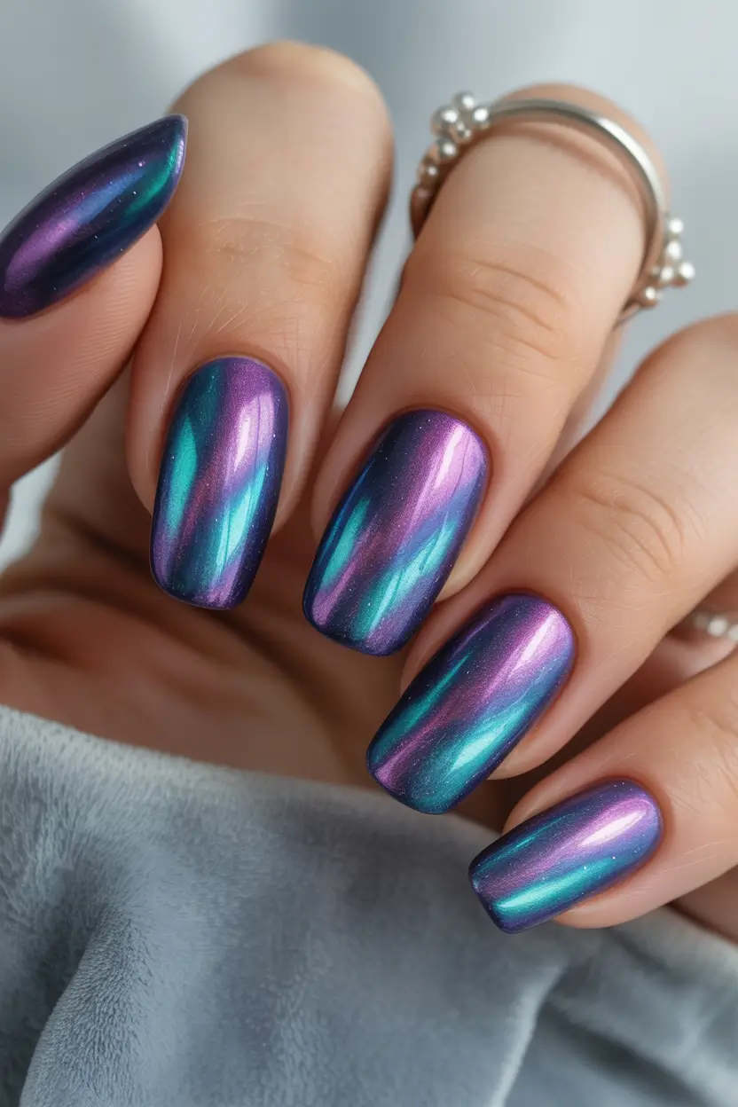 Fall Cat Eye Nails 2025 Cosmic Purple and Teal Waves