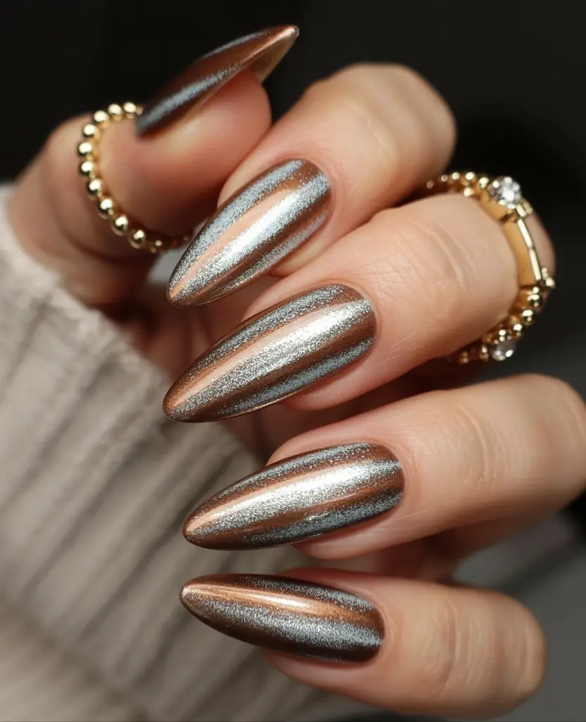 Fall Cat Eye Nails 2025 Bronze and Silver Stripes