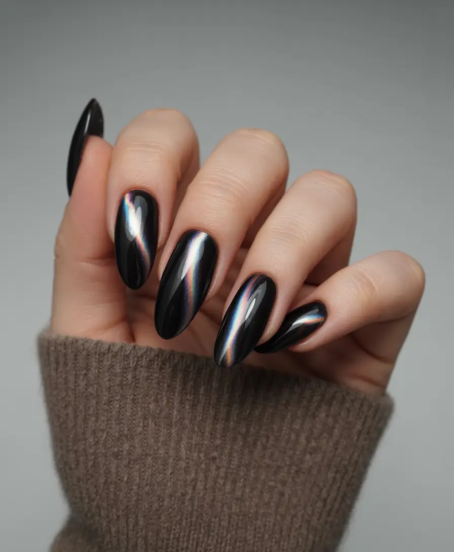 Fall Cat Eye Nails 2025 Rainbow Sheen on Black