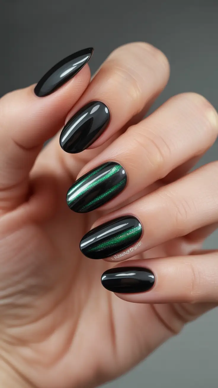 Fall Cat Eye Nails 2025 Green Striped Drama