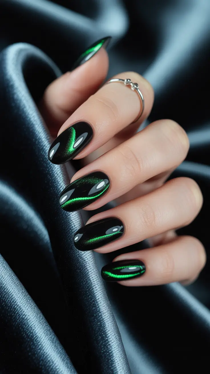 Fall Cat Eye Nails 2025 Emerald Waves on Black
