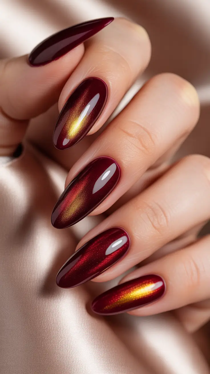 Fall Cat Eye Nails 2025 Golden Flame Burgundy