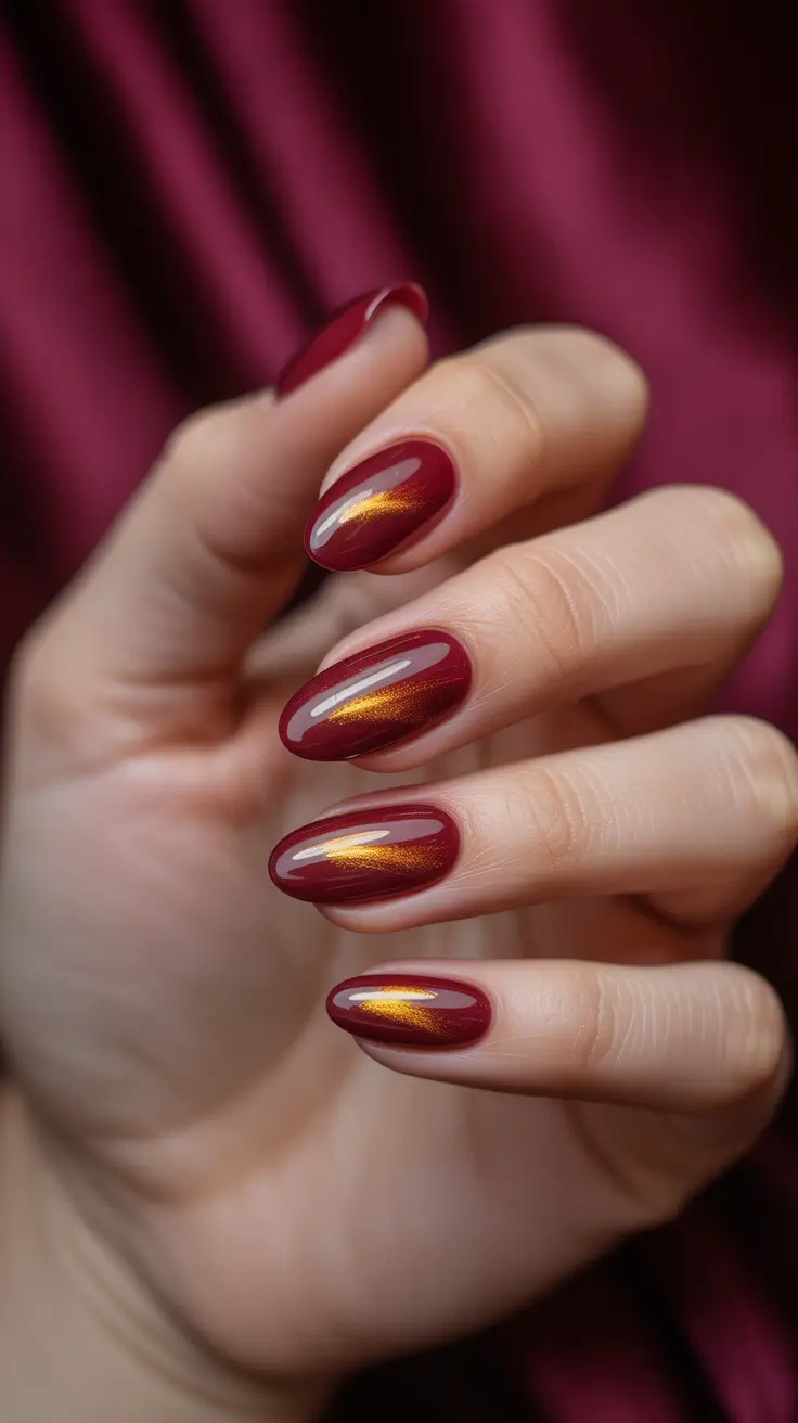 Fall Cat Eye Nails 2025 Amber Glow on Maroon