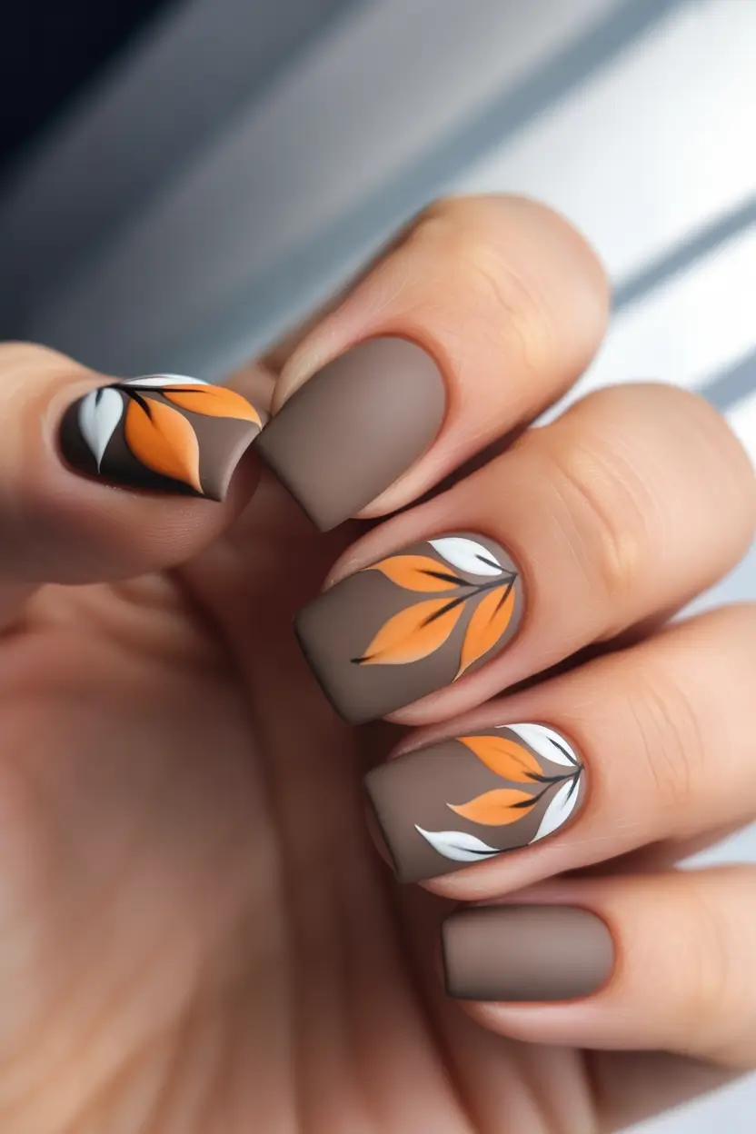 Fall manicure Earthy Matte Elegance with Autumn Leaves