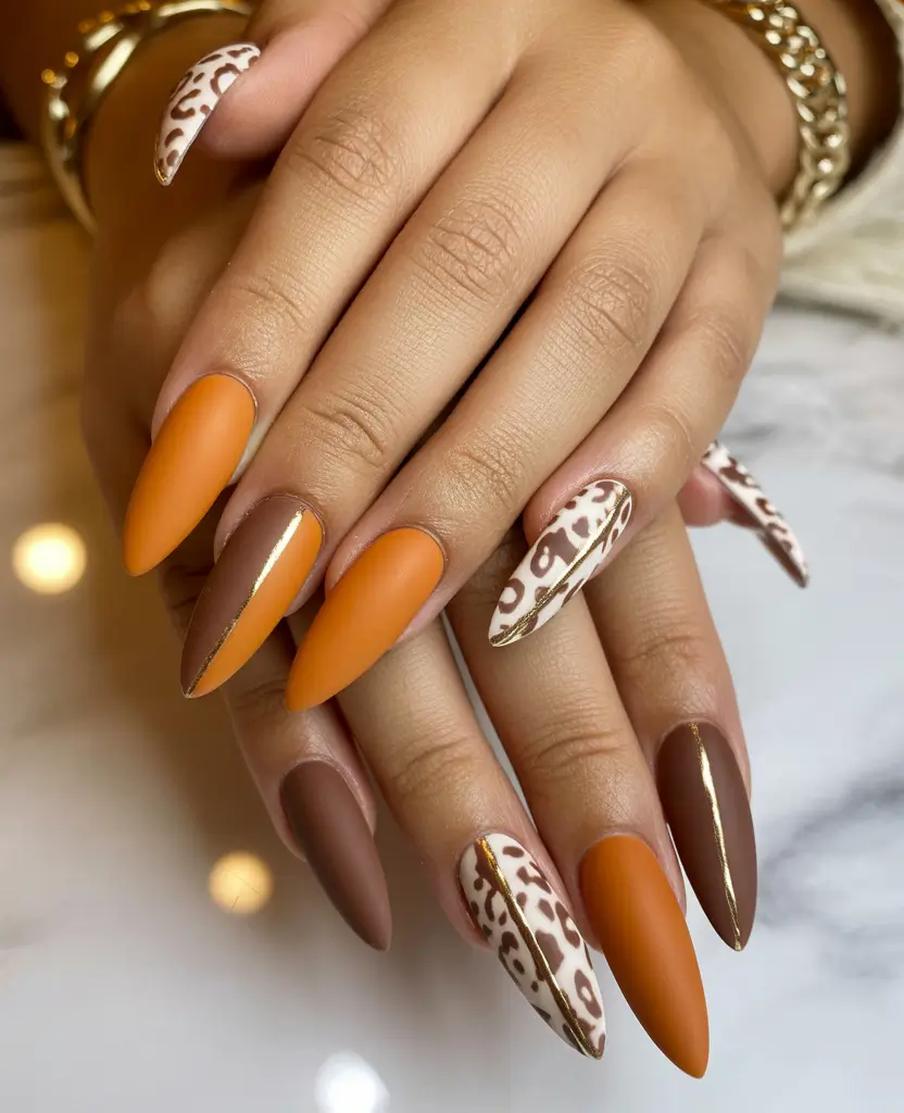 Fall manicure Autumn Spice and Leopard Mix