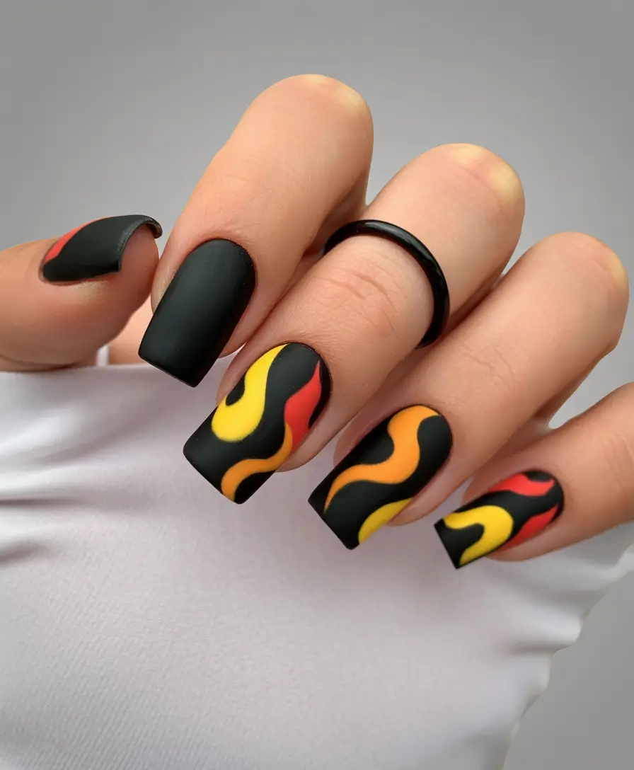 Fall manicure Matte Black with Fiery Waves