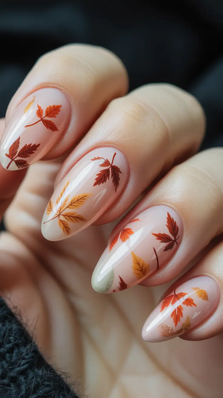 Fall manicure Translucent Nude with Autumn Leaf Accents