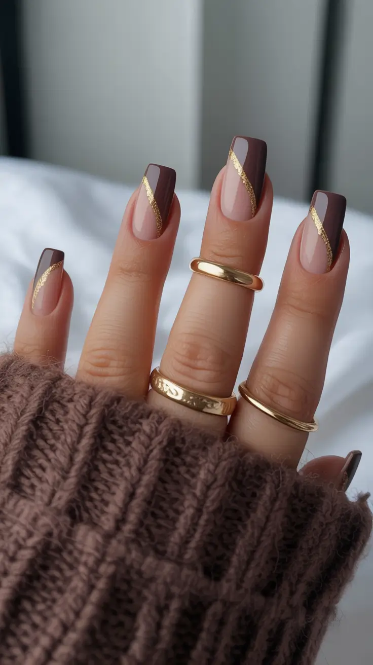 Fall manicure Chocolate Diagonals with Gold Veins