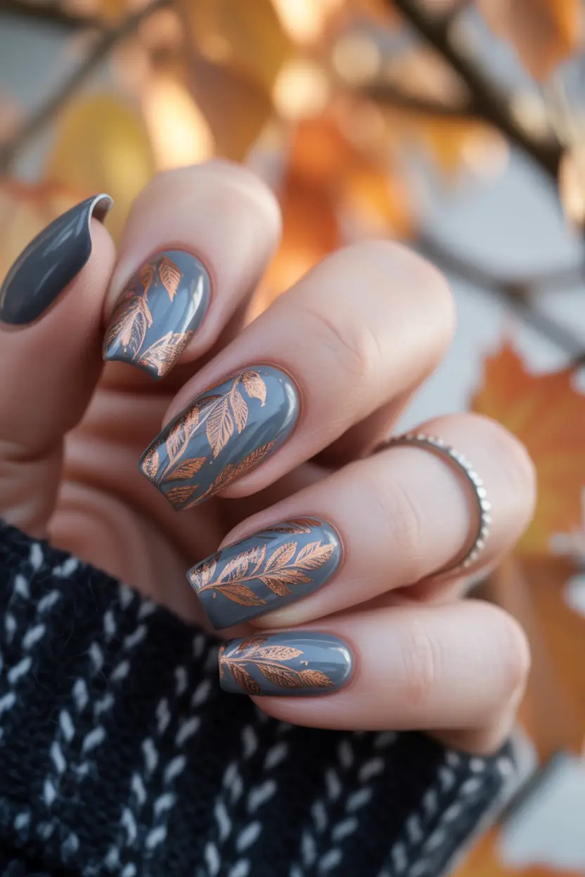 Fall manicure Smoky Gray with Rose Gold Leaf Stamping