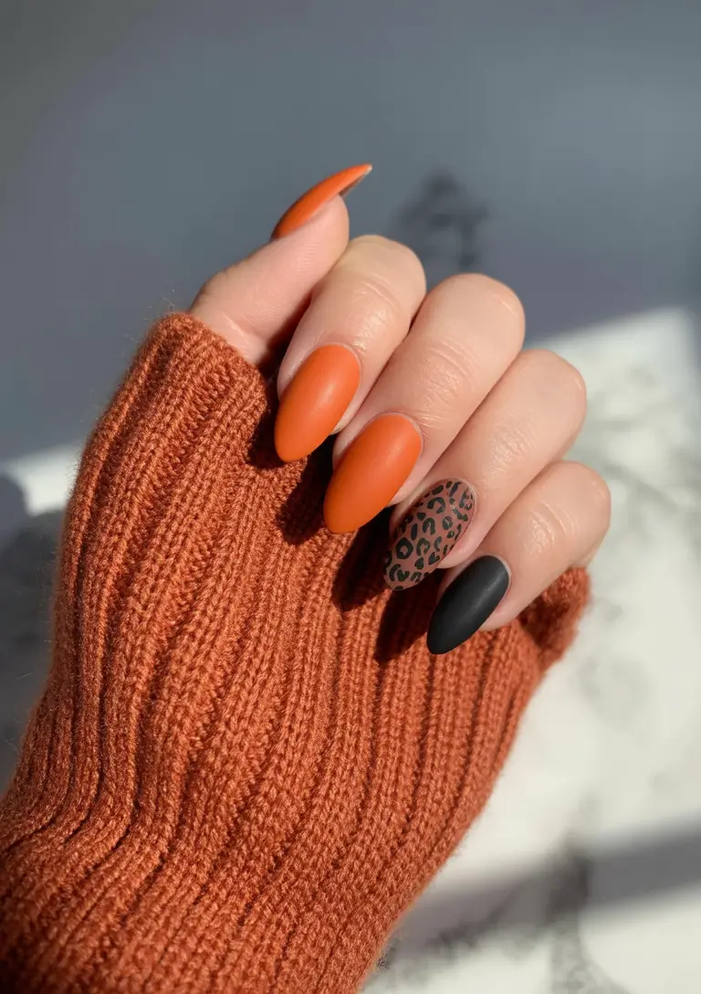 Fall manicure Burnt Orange and Leopard Accent