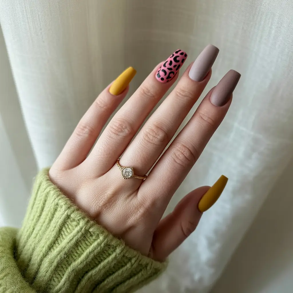 Fall manicure Mustard, Taupe, and Pink Leopard Mix