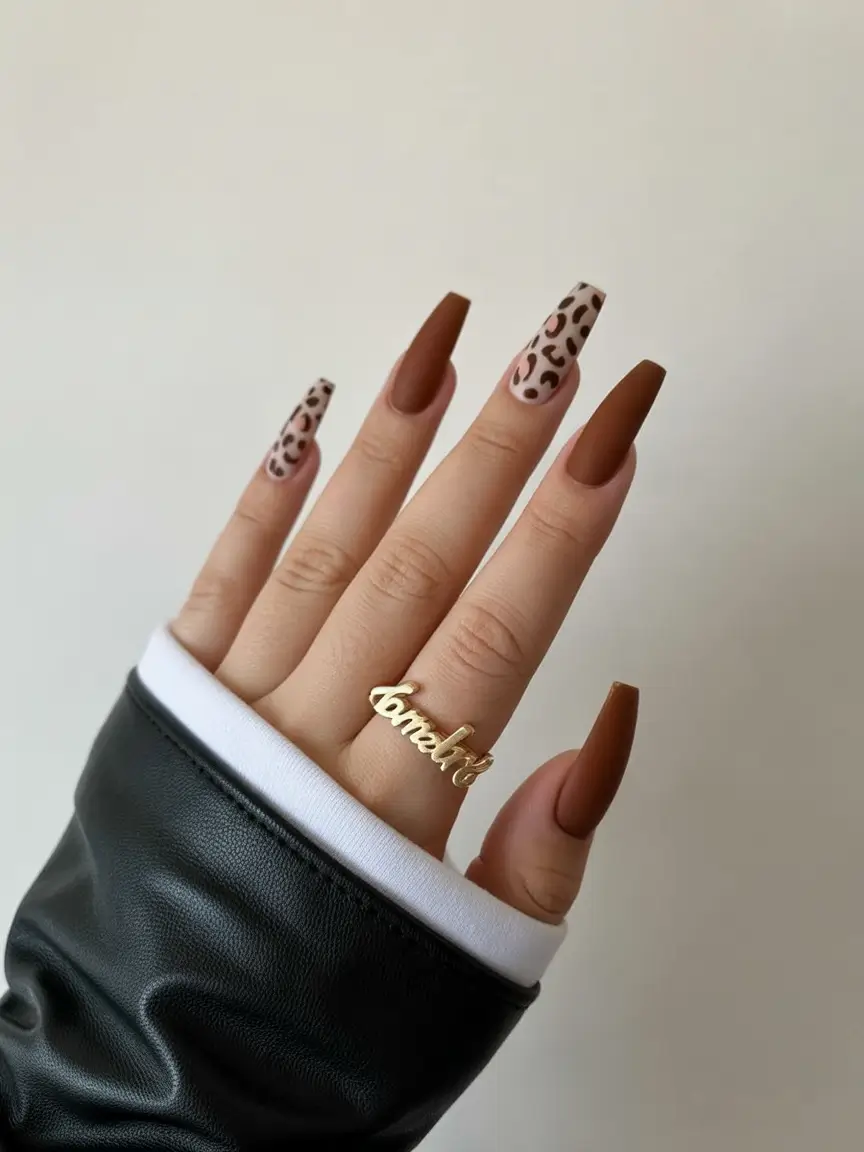 Fall manicure Warm Brown with Soft Leopard Print