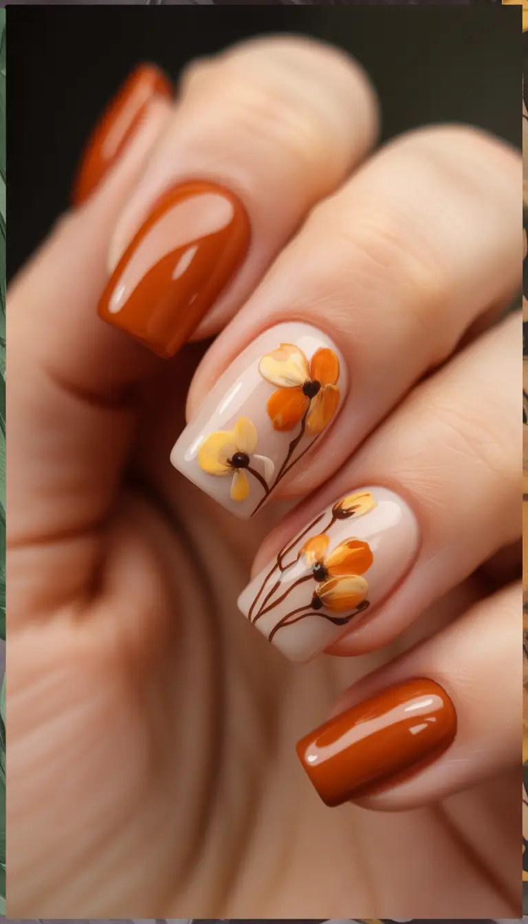 Fall manicure Burnt Orange Florals on Nude