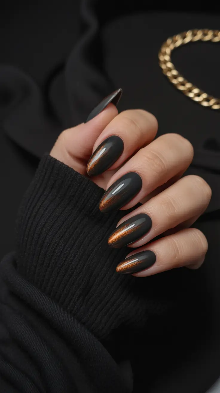 Fall manicure Matte Black with Copper Cat-Eye Glow