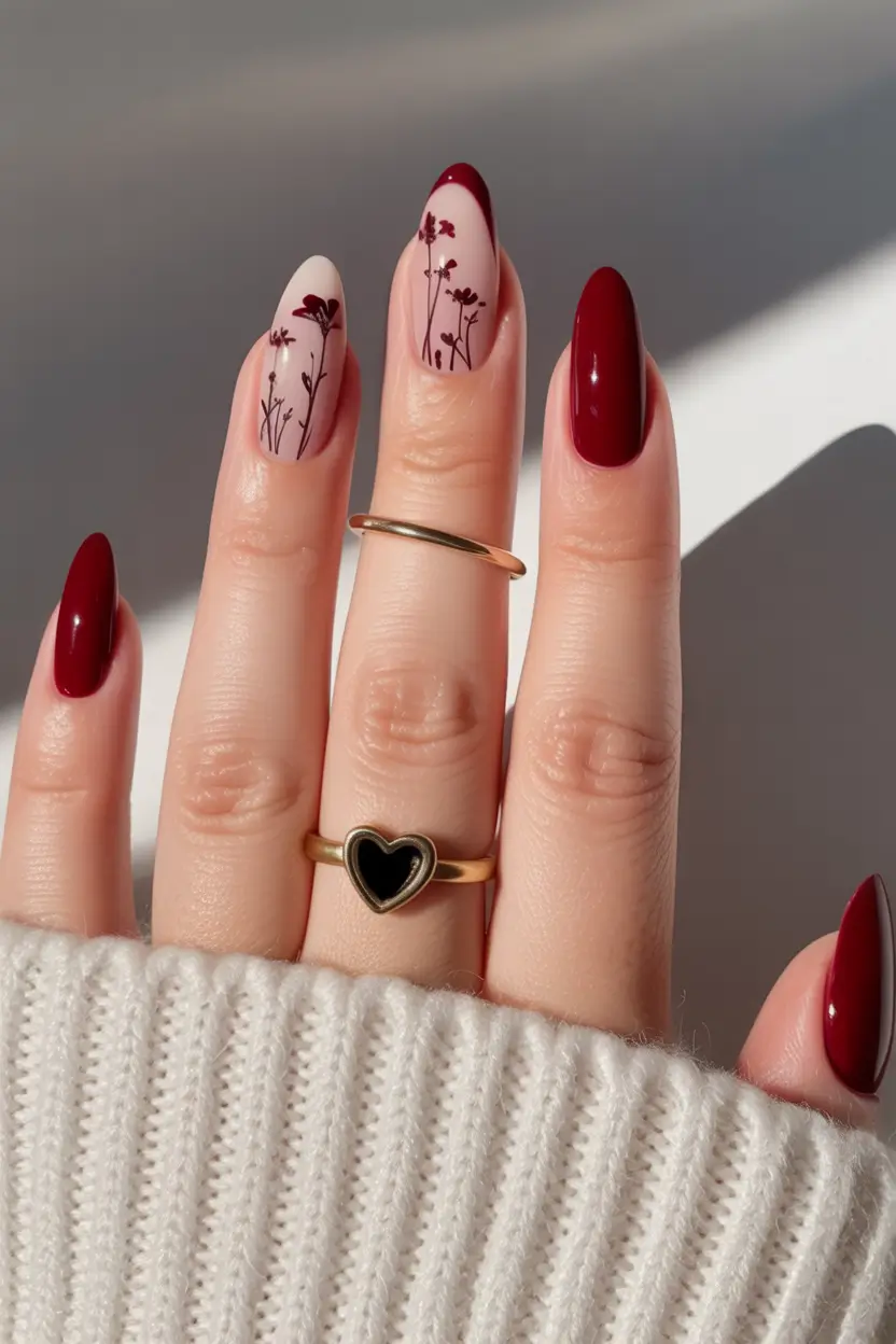 Fall manicure Deep Red with Botanical Silhouettes