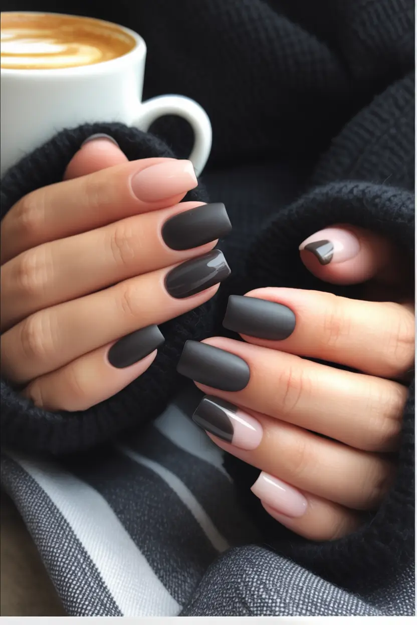 Fall manicure Matte and Glossy Charcoal Mix