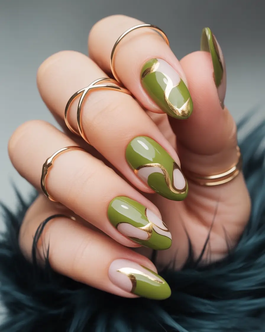 Fall manicure Olive and Gold Modern Waves