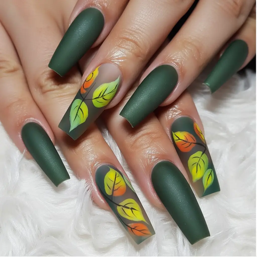 Fall manicure Forest Matte with Transparent Leaf Art