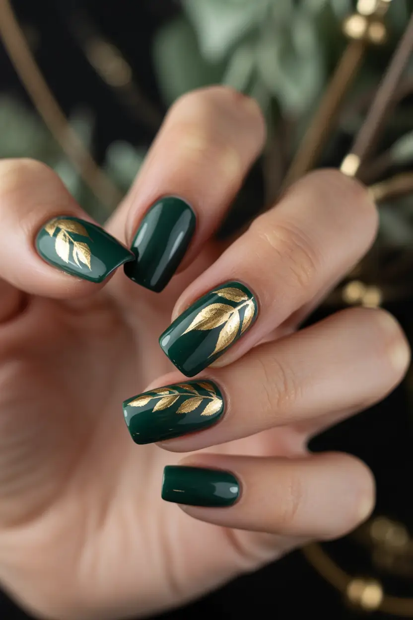 Fall manicure Emerald Gloss with Golden Leaves