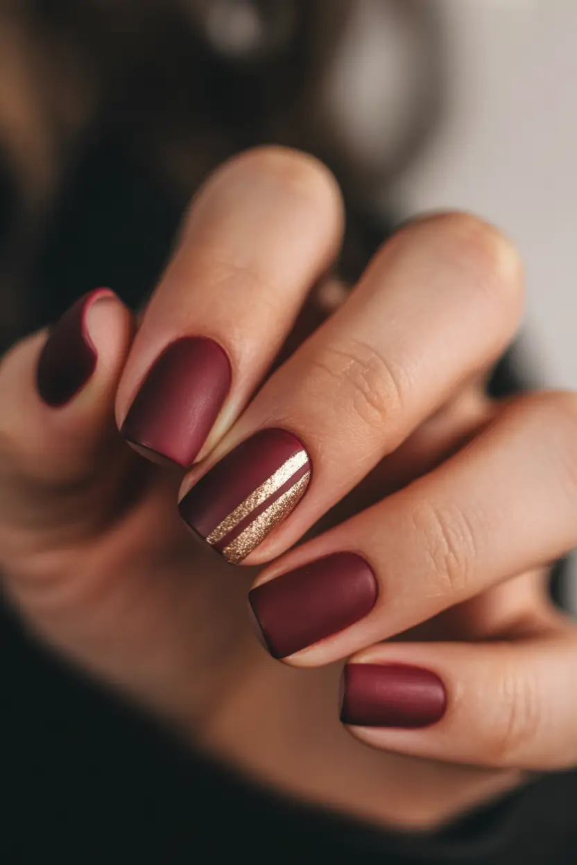 Fall manicure Velvet Burgundy with Golden Stripes