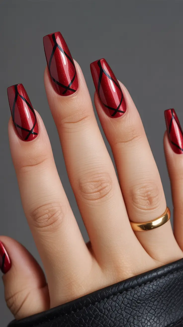 Fall manicure Garnet Gloss with Geometric Black Lines