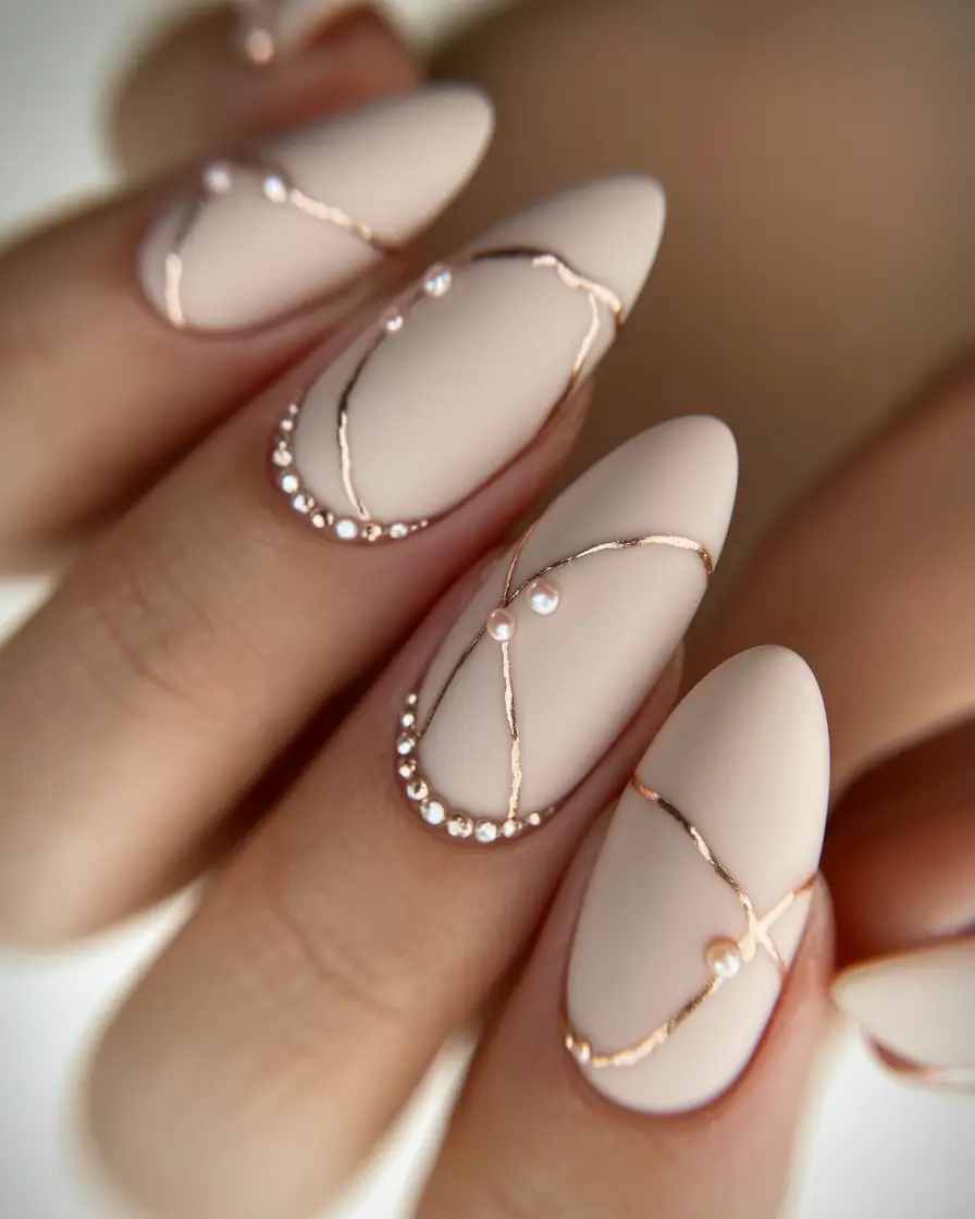 Fall manicure Soft Nude with Pearl and Rose Gold Detailing