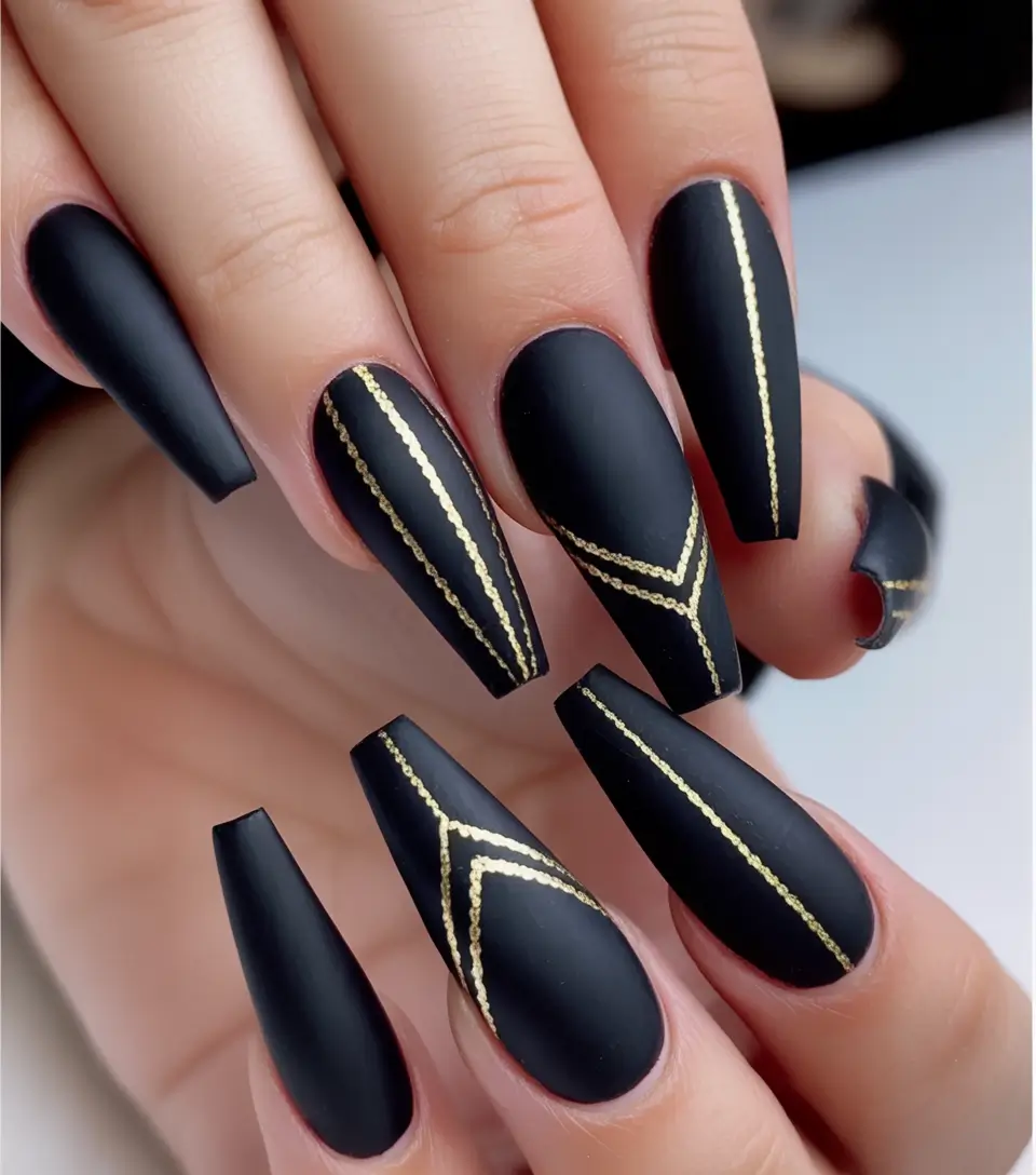 Fall manicure Matte Black with Gold Precision Lines
