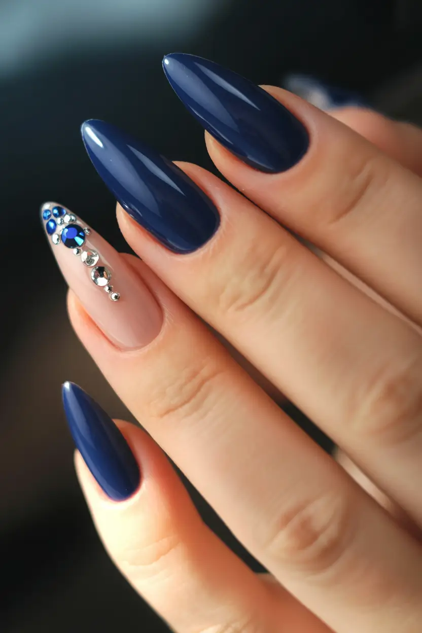 Fall nail colors for fair skin Midnight Navy with Crystal Embellishments