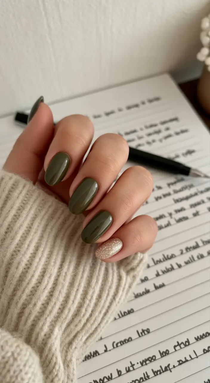 Fall nail colors for fair skin Olive Green with Subtle Sparkle