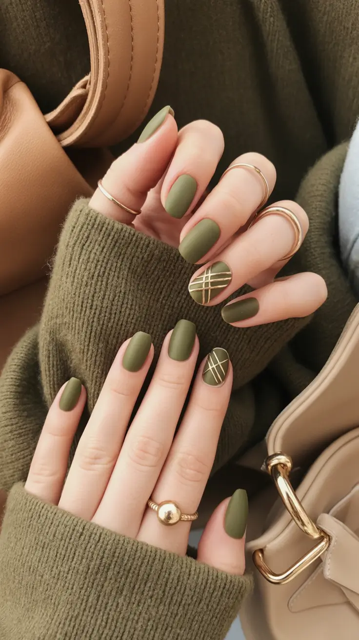 Fall nail colors for fair skin Earthy Olive Green with Gold Accents