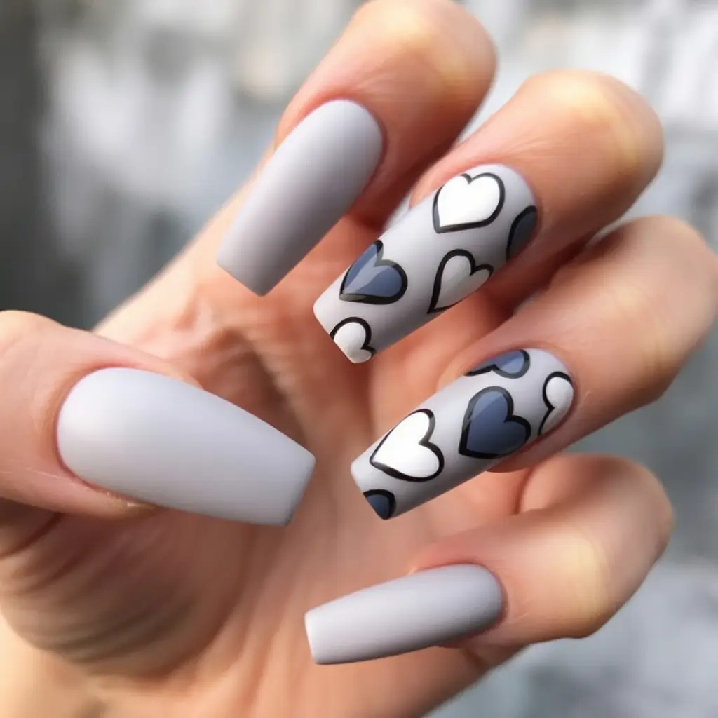 Fall nail colors for fair skin Smoky Grey with Heart Motifs