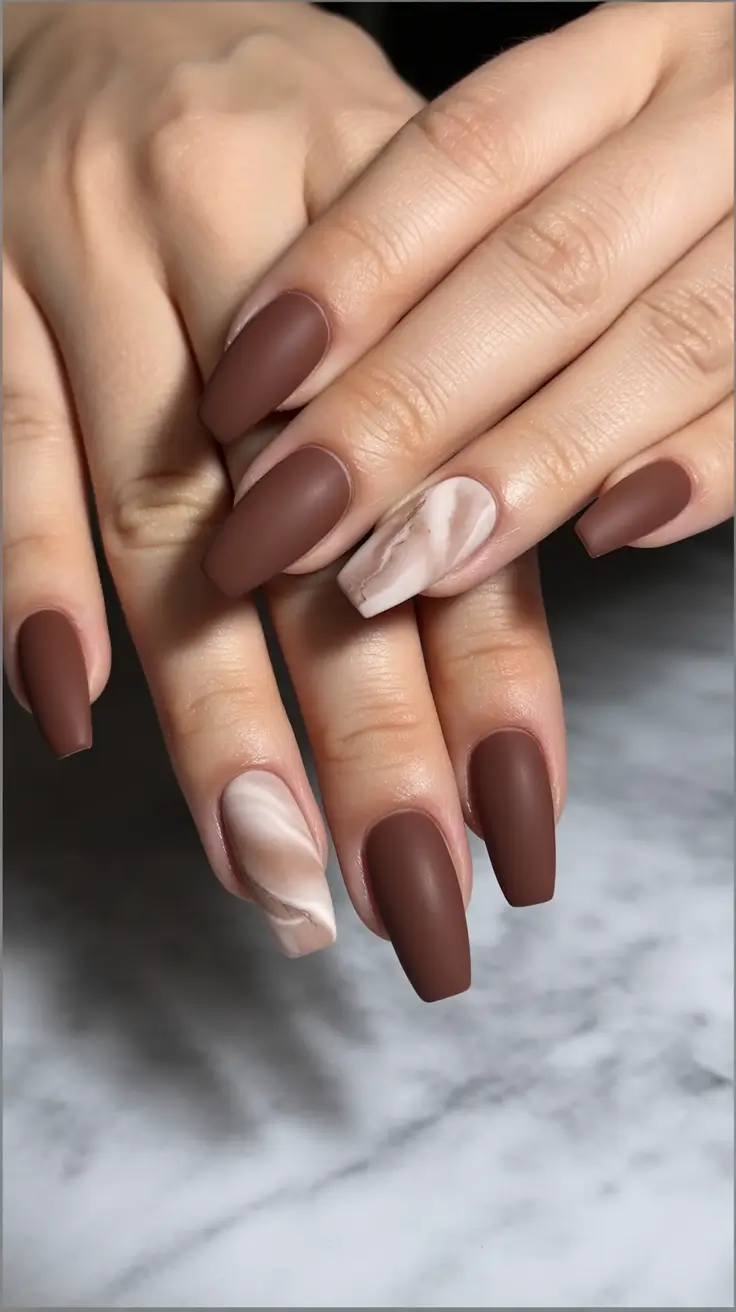 Fall nail colors for fair skin Chocolate Matte with Marble Accent