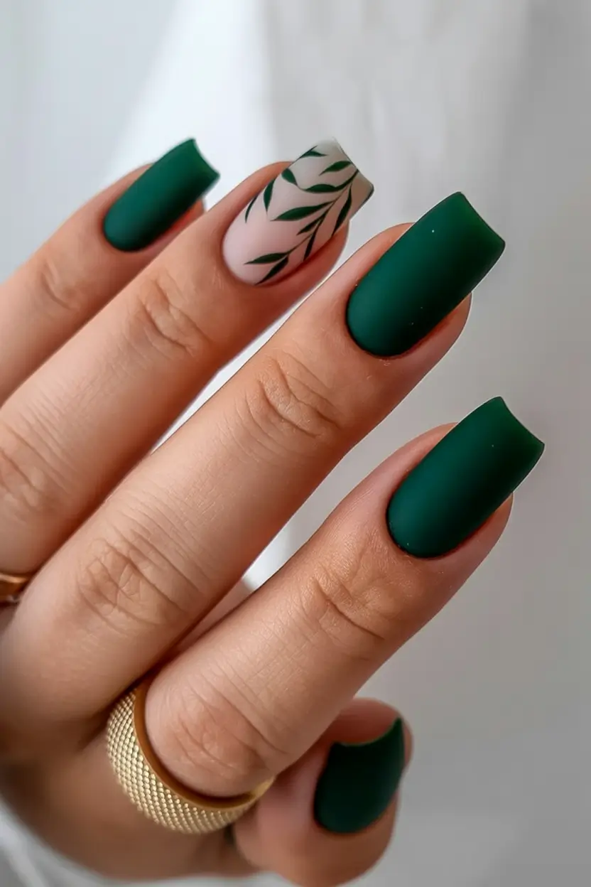 Fall nail colors for fair skin Forest Green with Botanical Accent