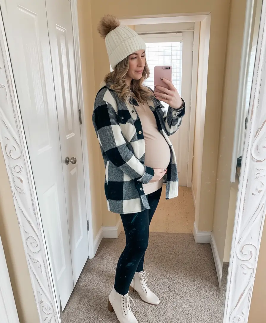 fall outfits for pregnant women+Buffalo Plaid and Cozy Layers