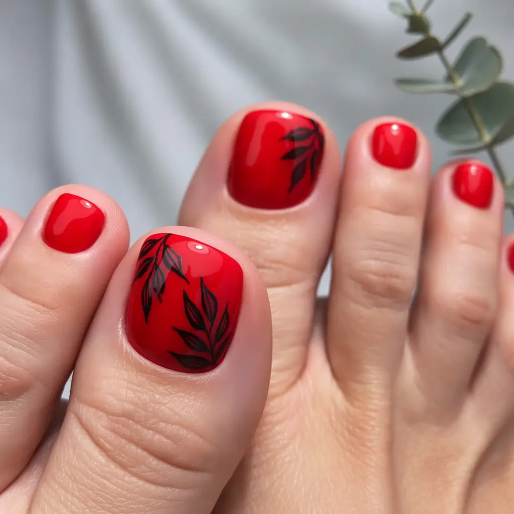 Fall Toe Nail Colors Maple Red with Monochrome Branches