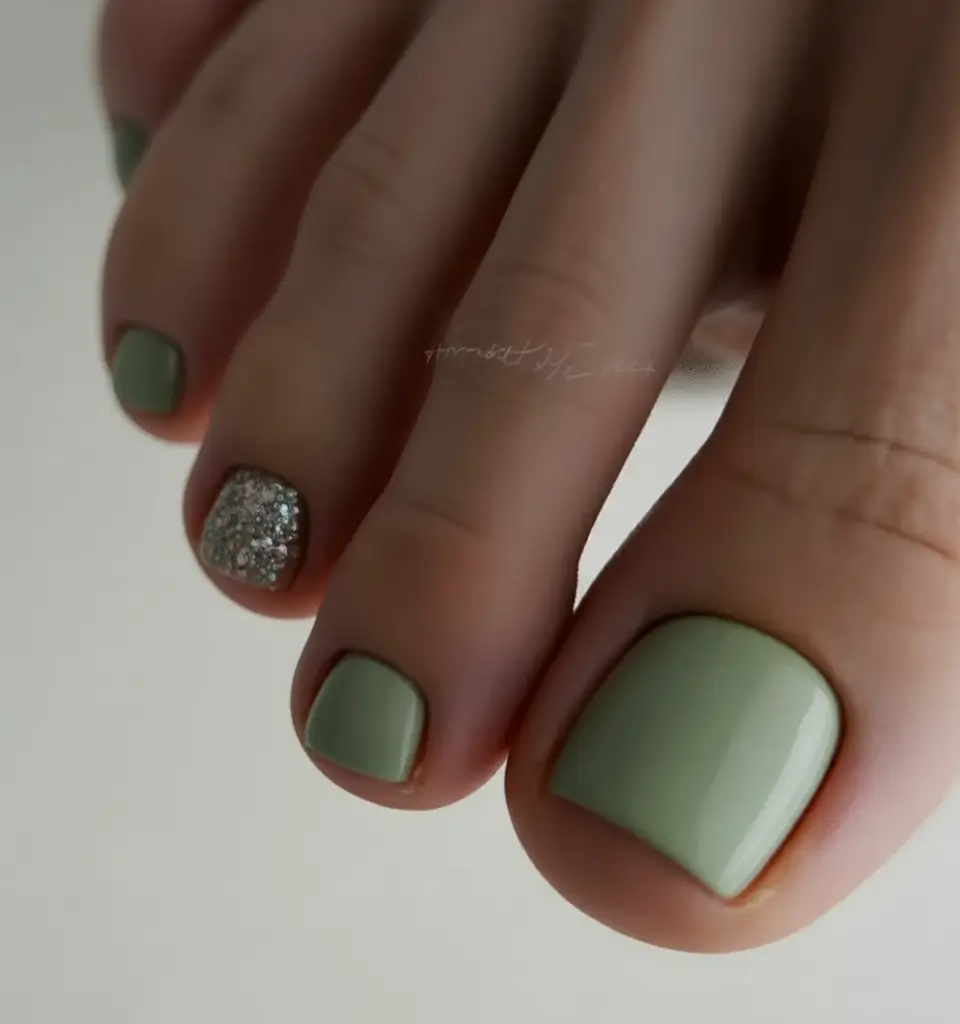 Fall Toe Nail Colors Mossy Sage with Silver Frost