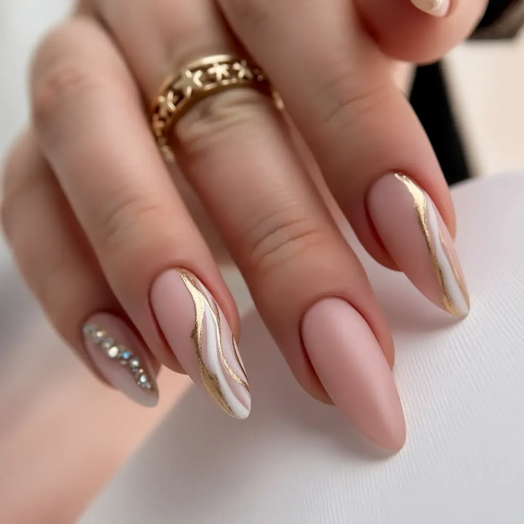 fall wedding nails Soft Matte and Gold Waves for Understated Elegance